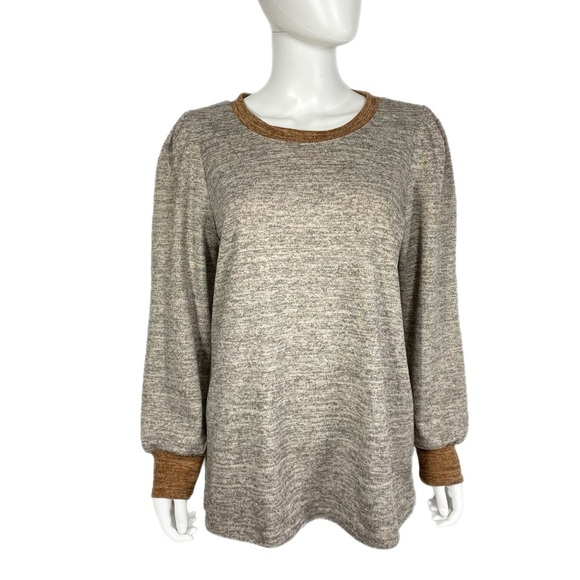Women’s Lightweight Gray, Brown Crewneck Puff Shoulder Sweater - Picture 1 of 7